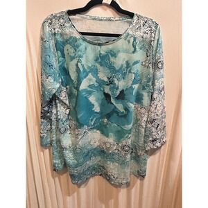 Allison Daley Womens L/G Floral Print 3/4 Sleeve‎ Embellished Top Blouse
